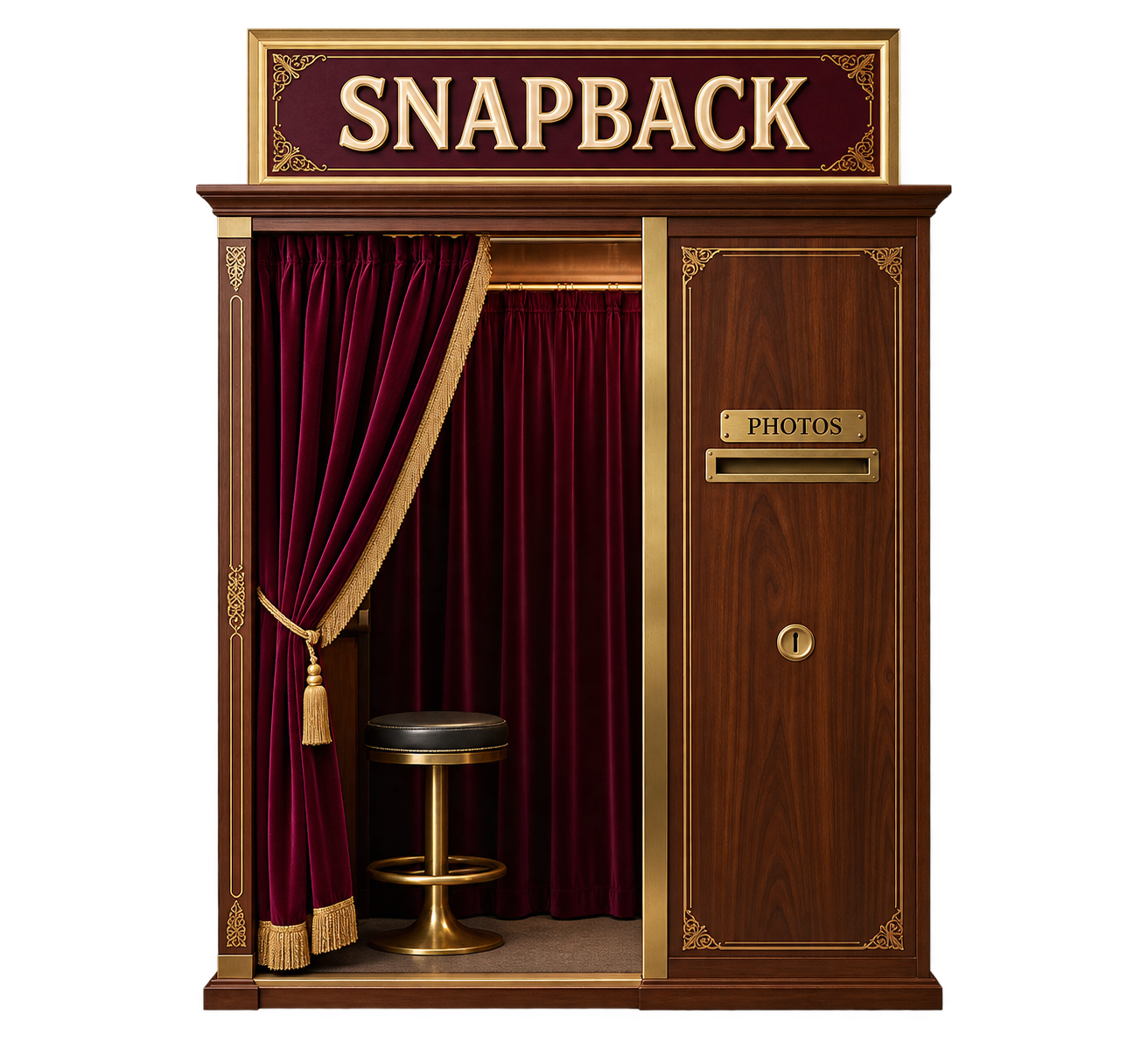 A walnut and burgundy velvet SnapBack photobooth